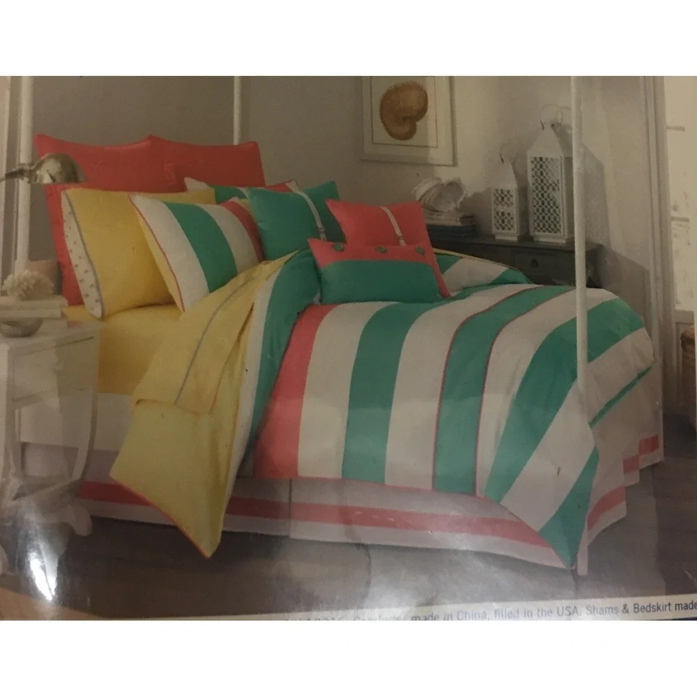 Southern Tide Cabana Stripe Twin Comforter 3 Pc.Set Lite Coral Mint Green Yellow